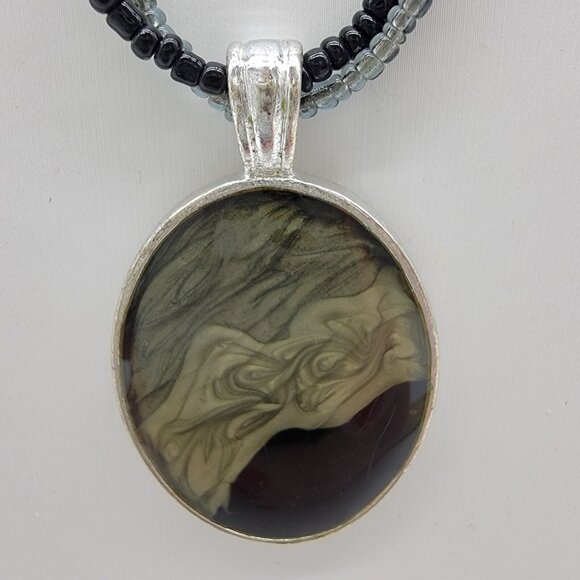 Vintage Necklace Silver Tone Pendant Beaded Chain Jewelry Boho‎ SIGNED KC - Picture 1 of 6